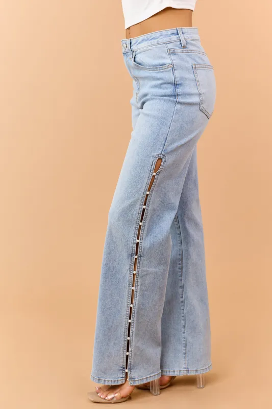 Mica Denim Light Wash Pearl Side Slit Wide Leg Jeans made by Mica Denim