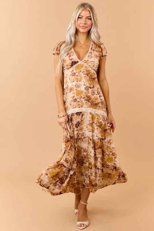 Camel Chiffon Floral Print Lace Trim Maxi Dress made by BaeVely