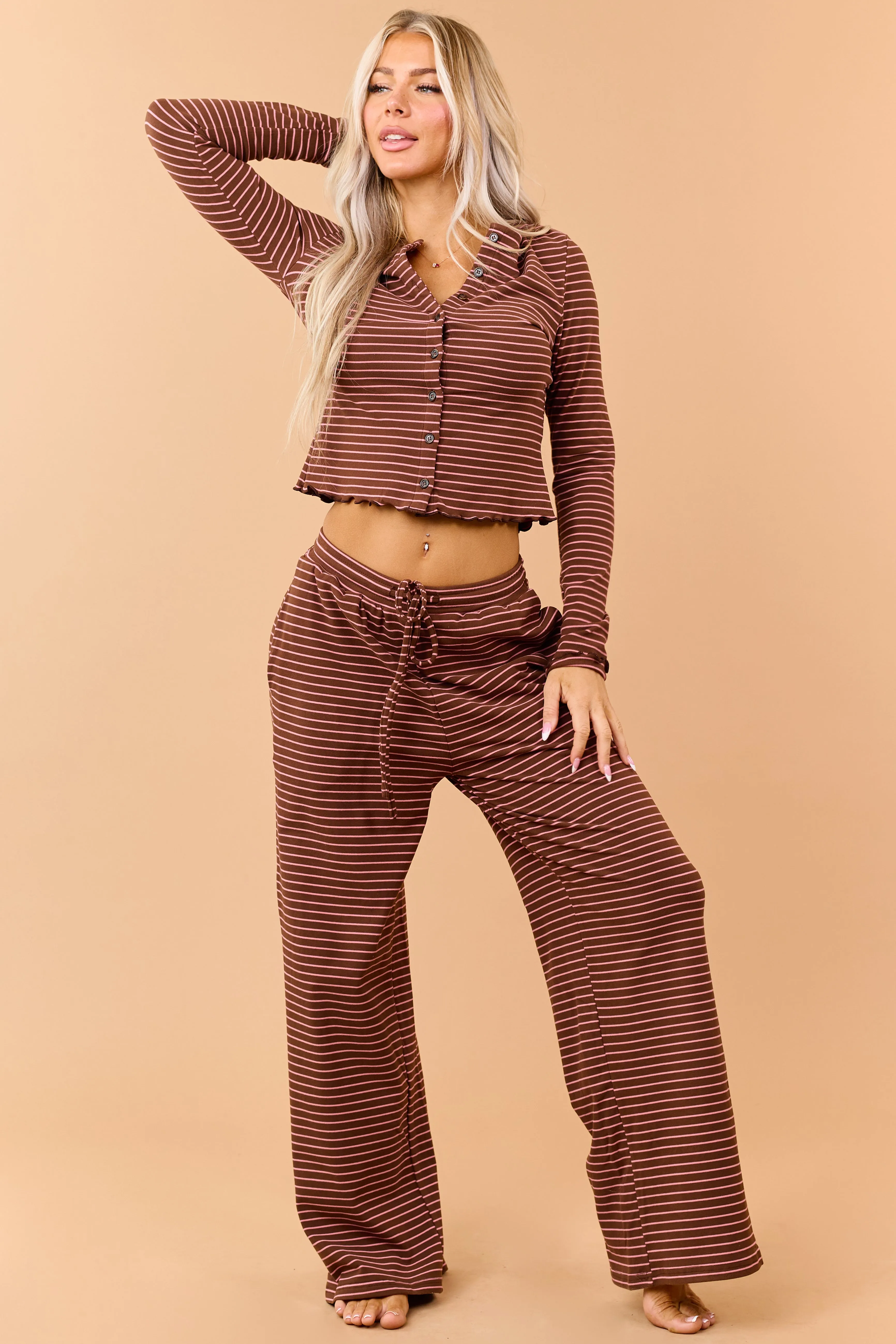 Coffee Striped Knit Drawstring Wide Leg Pants sold by Lime Lush