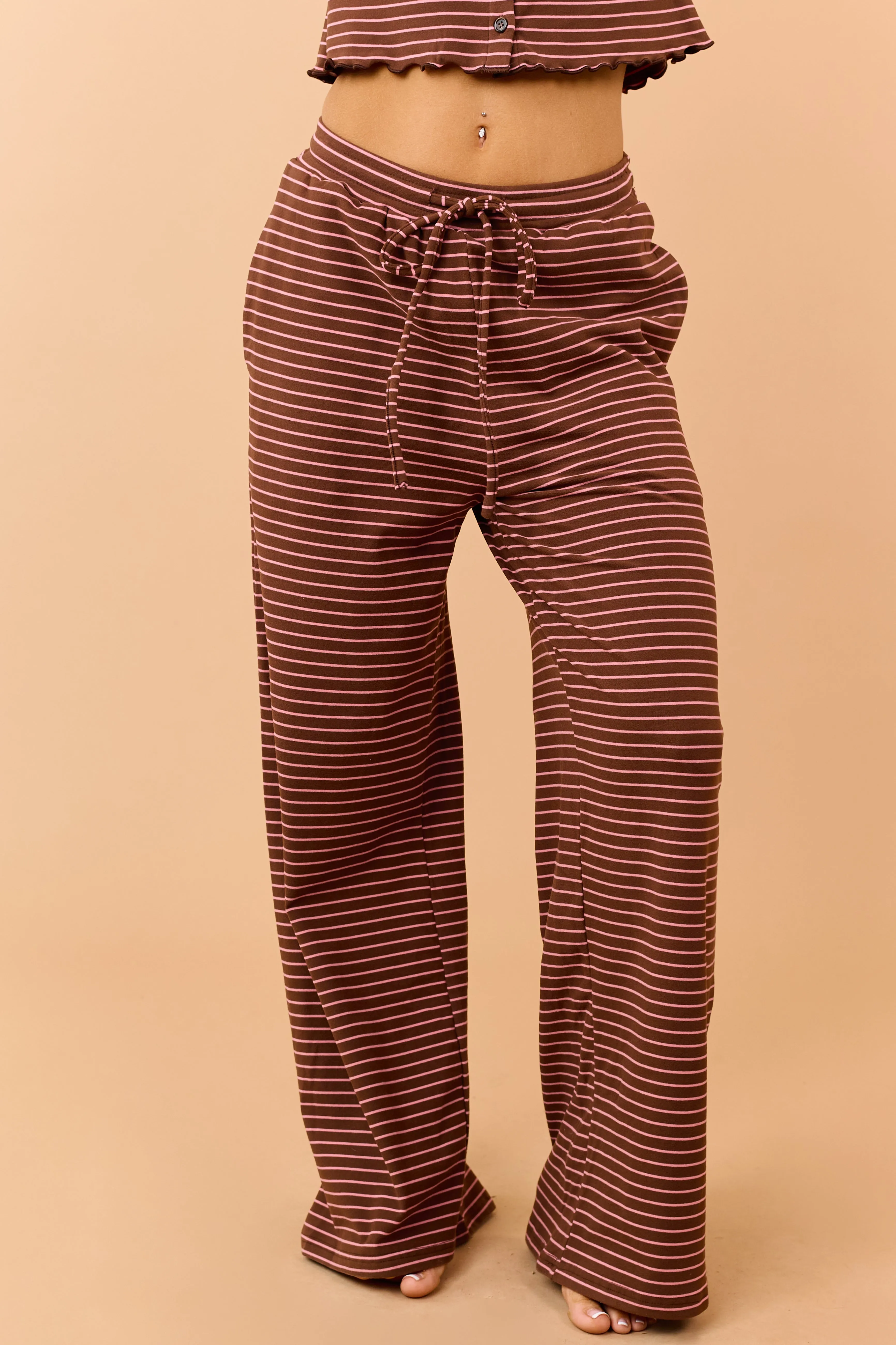 Coffee Striped Knit Drawstring Wide Leg Pants sold by Lime Lush product image thumbnail 2