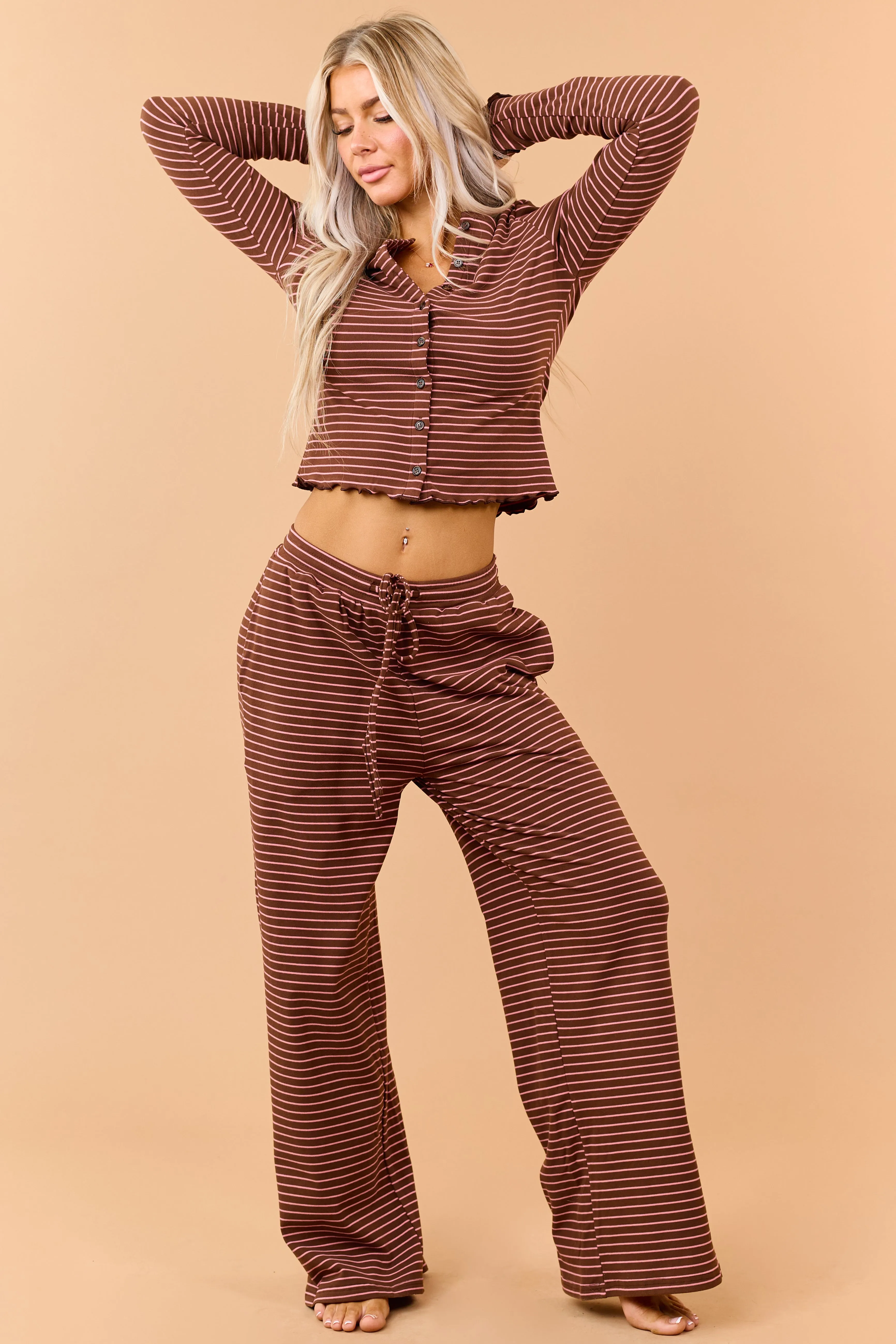 Coffee Striped Knit Drawstring Wide Leg Pants sold by Lime Lush product image thumbnail 5