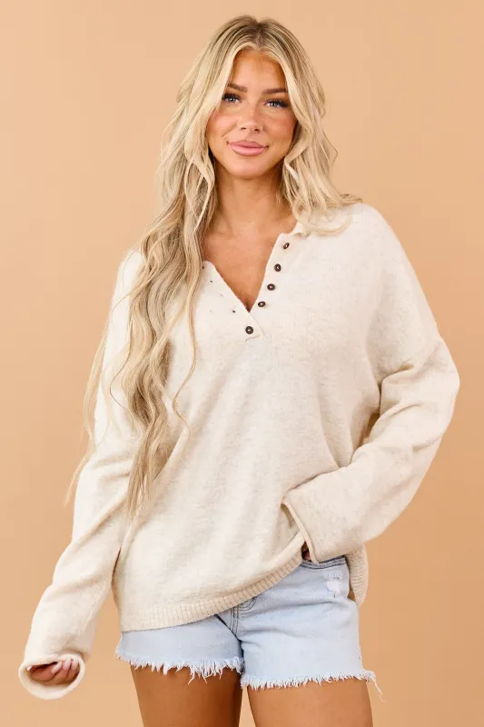 Almond Henley Relaxed Pullover Sweater made by Blu Pepper