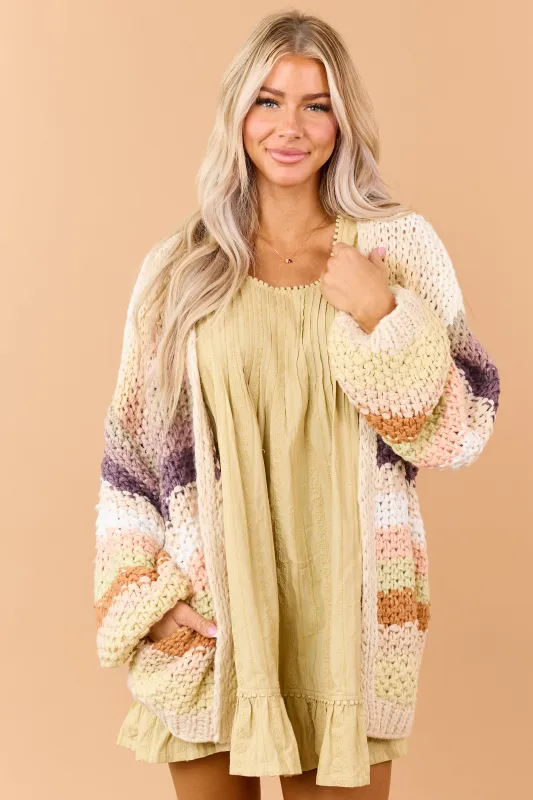 Listicle Cream Striped Open Front Crochet Cardigan made by Listicle
