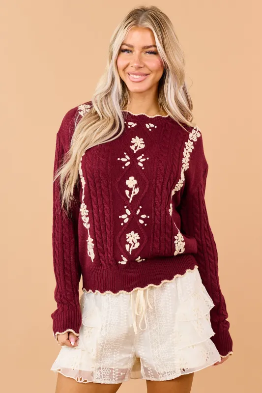 Listicle Maroon Cable Knit Embroidered Sweater made by Listicle