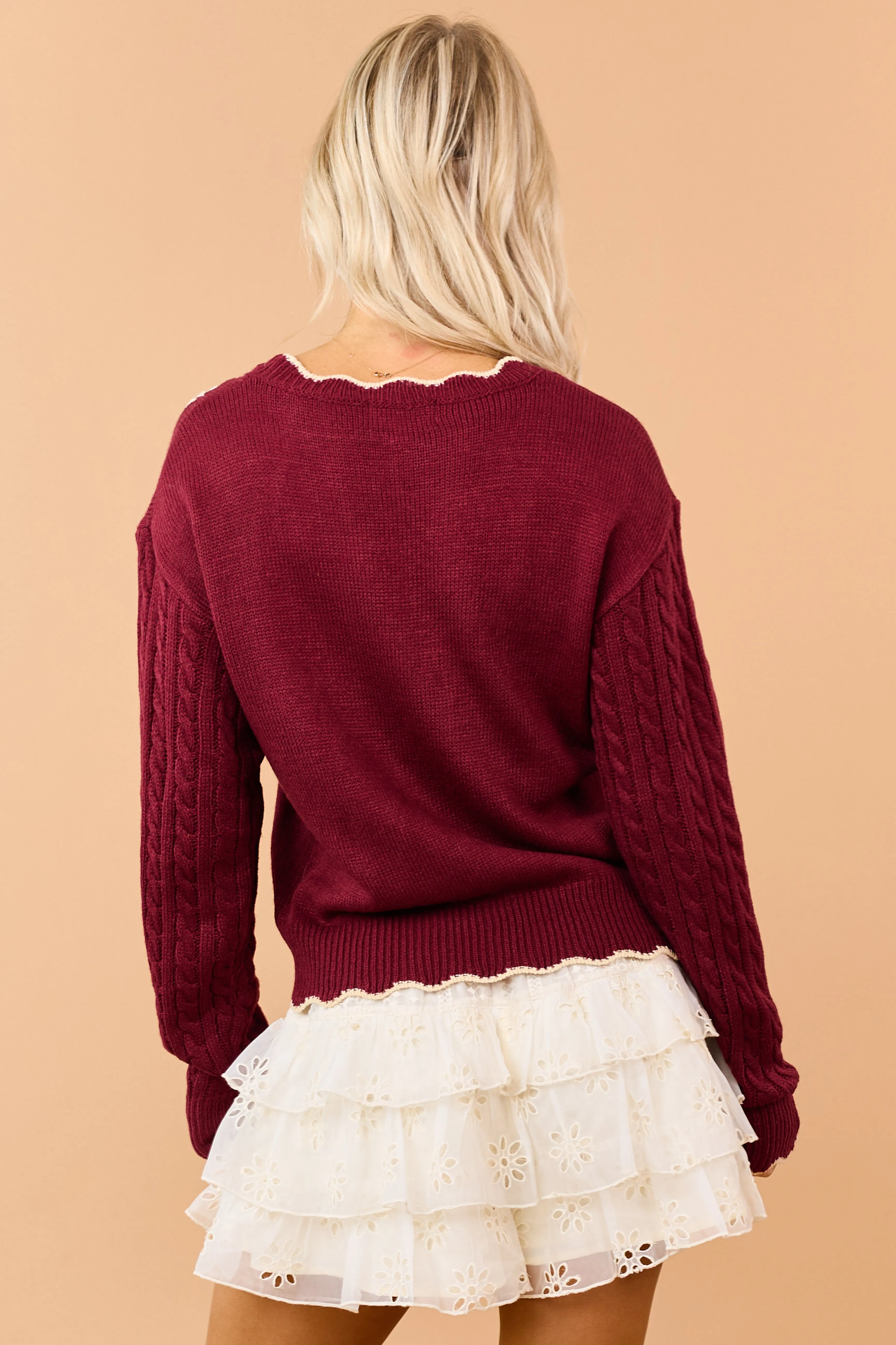 Listicle Maroon Cable Knit Embroidered Sweater sold by Lime Lush product image thumbnail 5