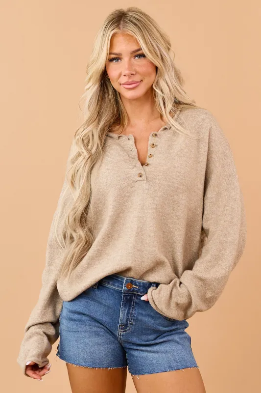 Latte Henley Relaxed Pullover Sweater made by Blu Pepper