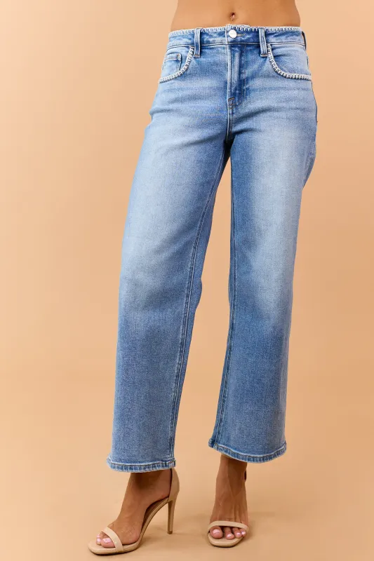 Risen Medium Wash Stitch Trim Wide Leg Jeans made by Risen