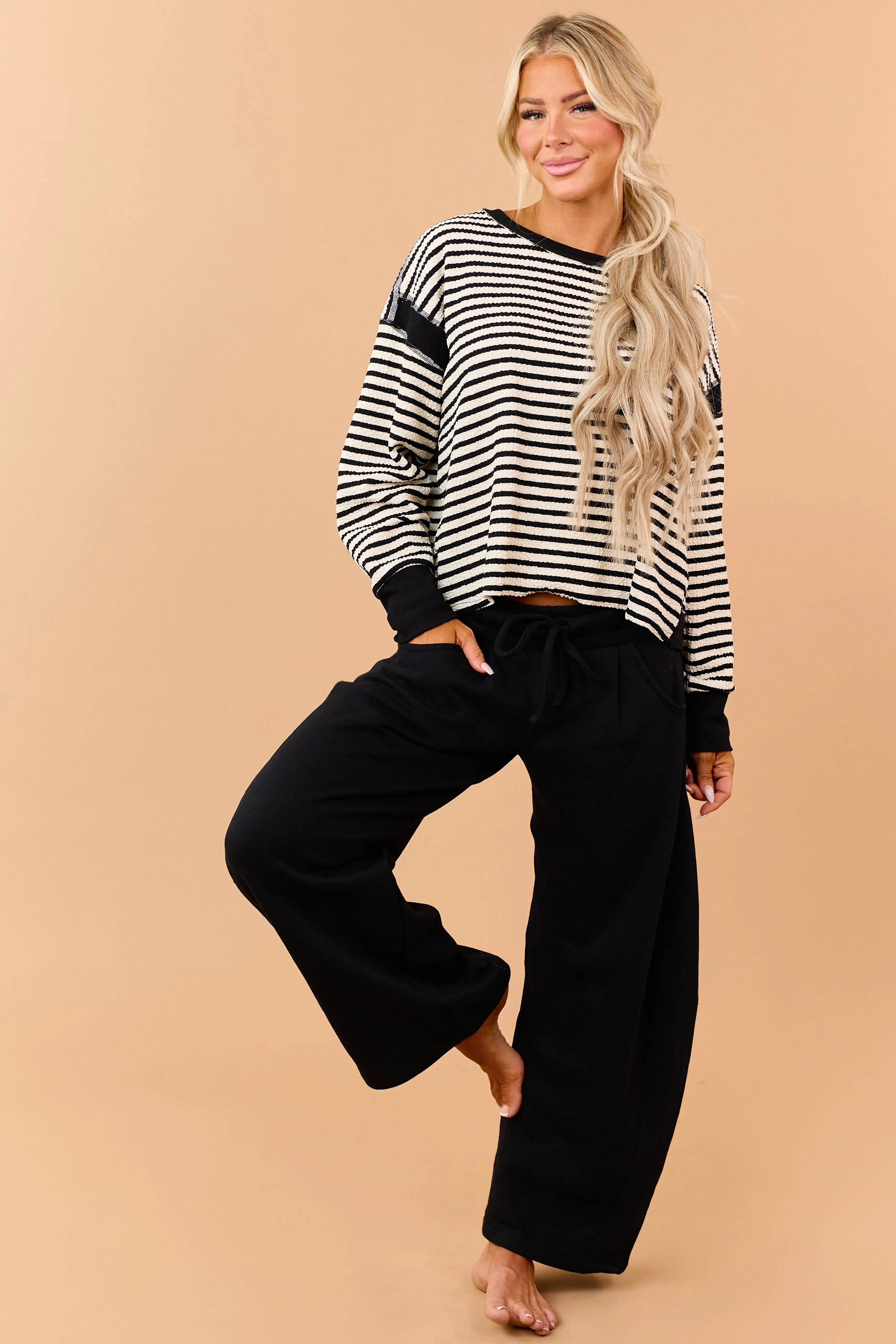 Black Striped Textured Knit Back Cut Out Top sold by Lime Lush product image thumbnail 2