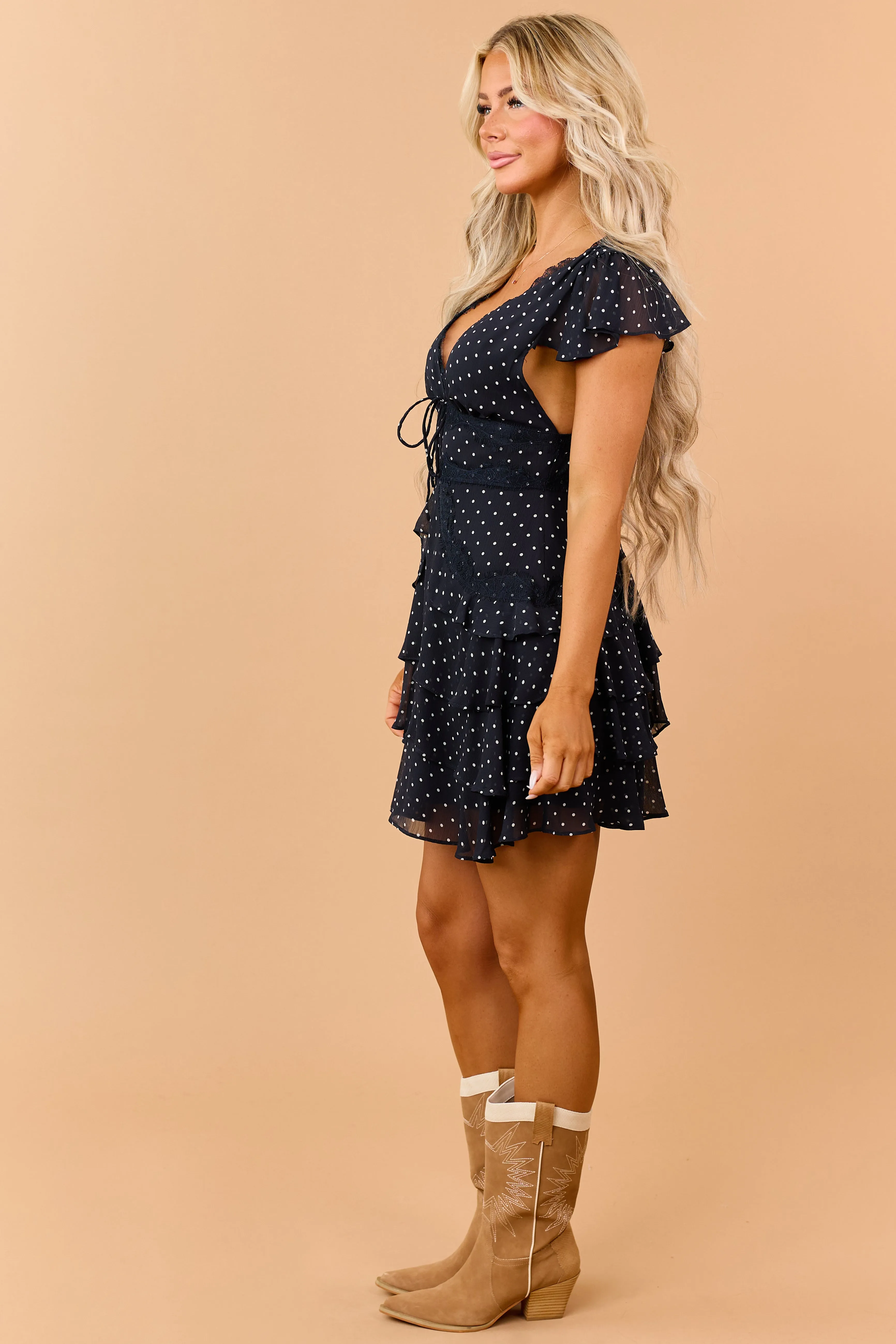 Navy Polka Dot Lace Trim Tiered Mini Dress sold by Lime Lush product image thumbnail 5