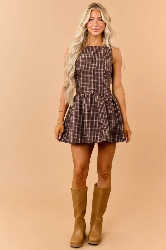 Sepia Plaid Buttoned Sleeveless Mini Dress made by Blu Pepper