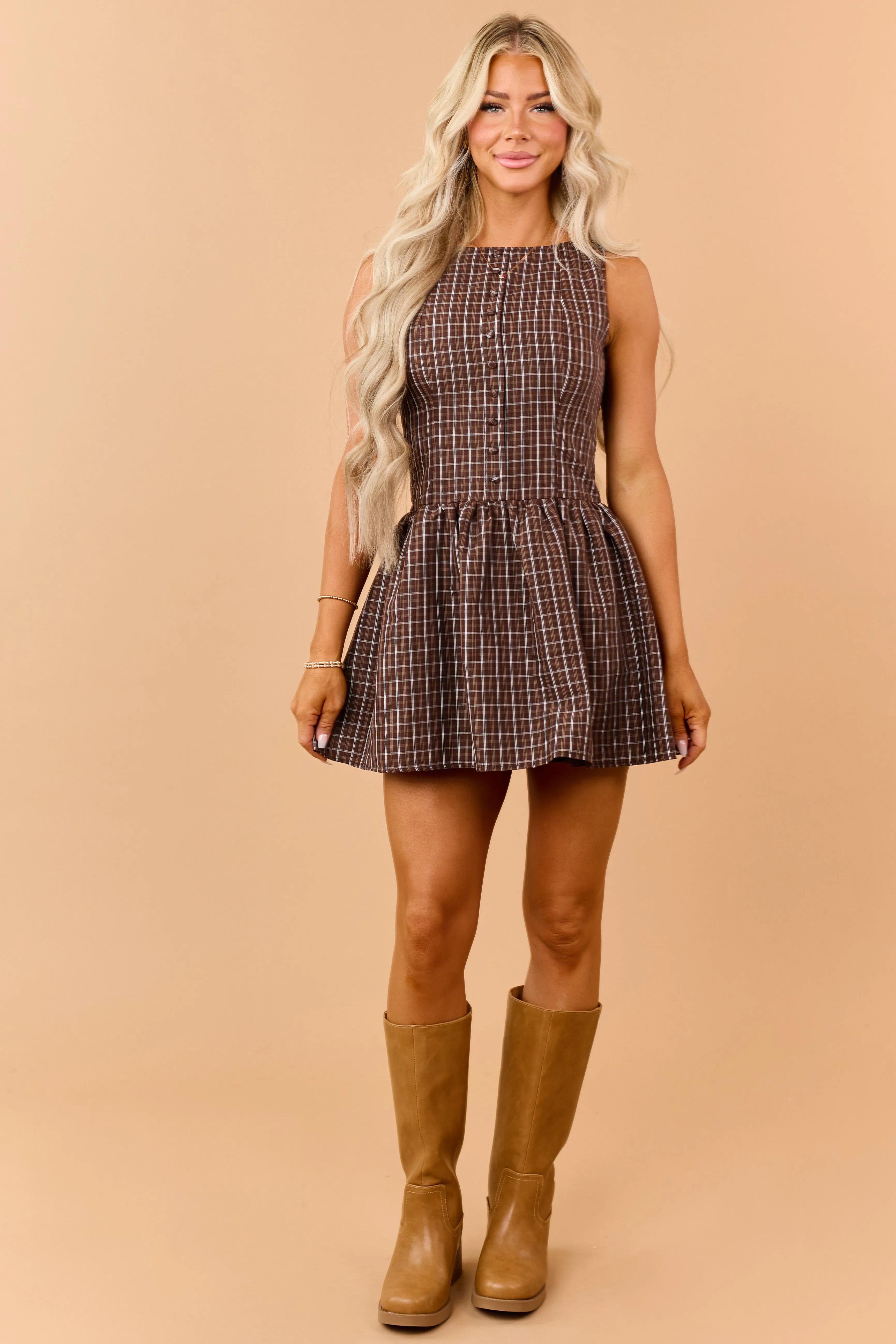 Sepia Plaid Buttoned Sleeveless Mini Dress sold by Lime Lush