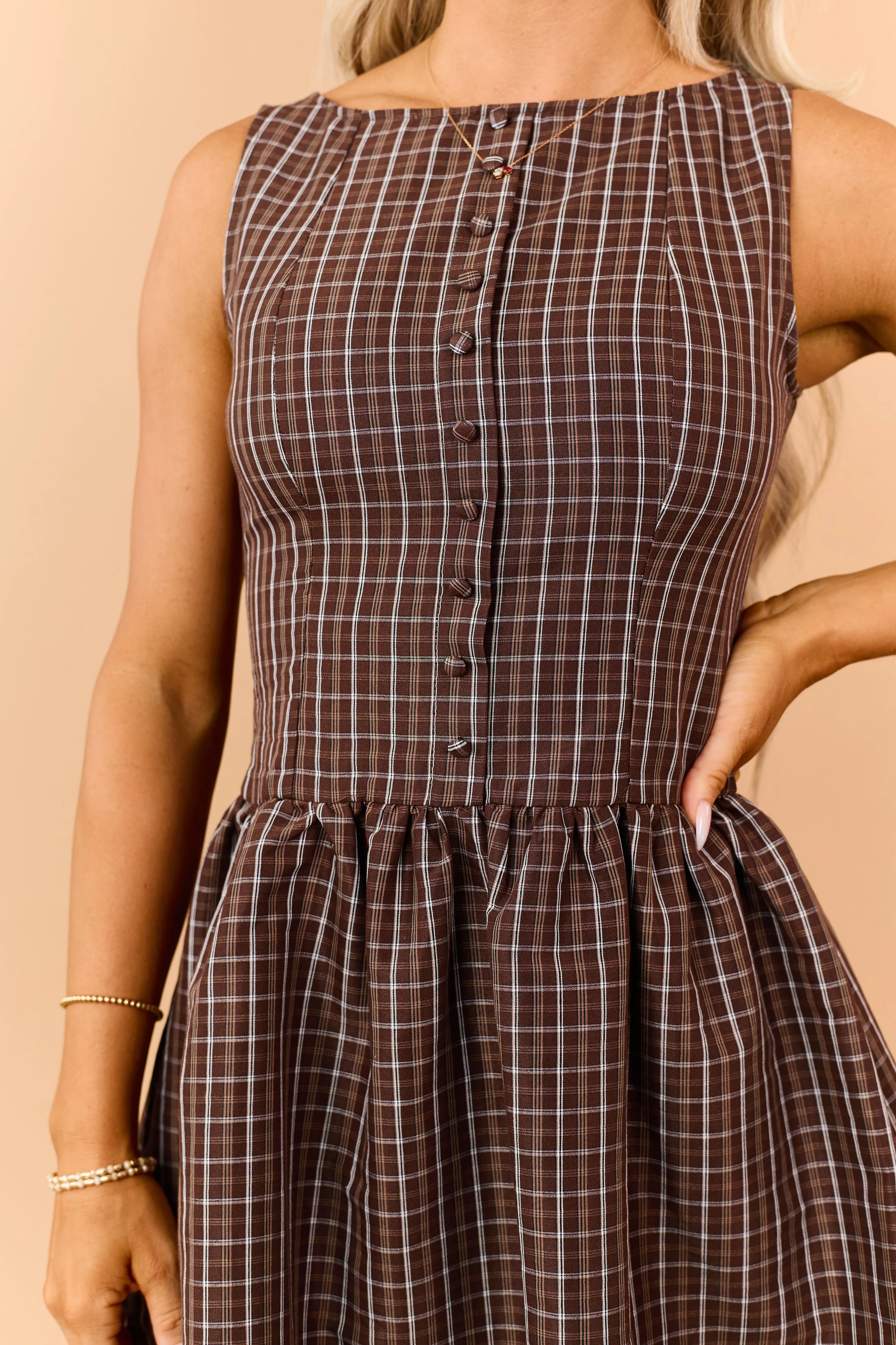 Sepia Plaid Buttoned Sleeveless Mini Dress sold by Lime Lush product image thumbnail 5