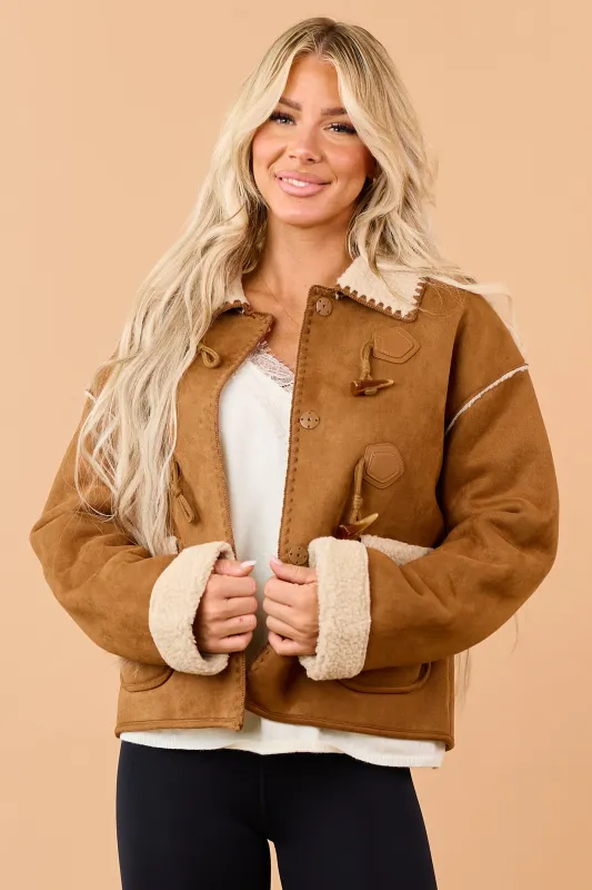 Copper Faux Suede Sherpa Lined Toggle Jacket made by Blu Pepper