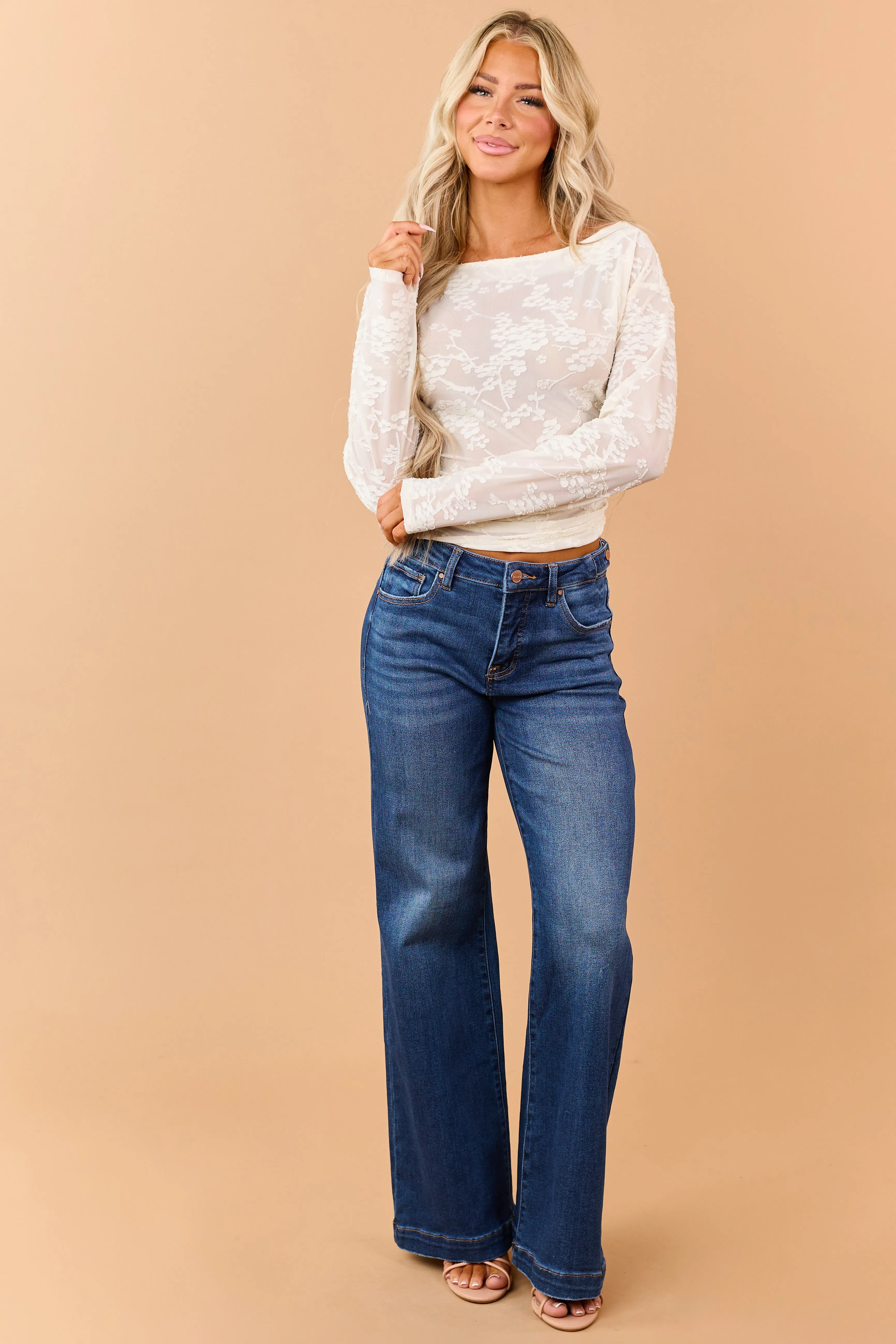 Cream Floral Textured Sheer Lace Boatneck Top sold by Lime Lush product image thumbnail 3