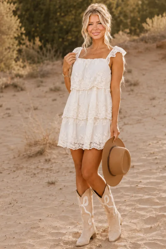 Cream Floral Lace Tiered Sleeveless Mini Dress made by Storia