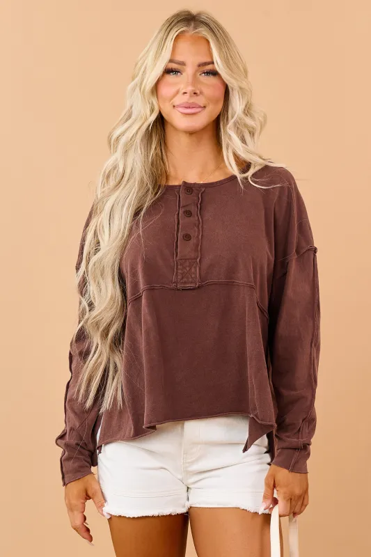 Cocoa Cotton Raw Seam Henley Long Sleeve Top made by HYFVE