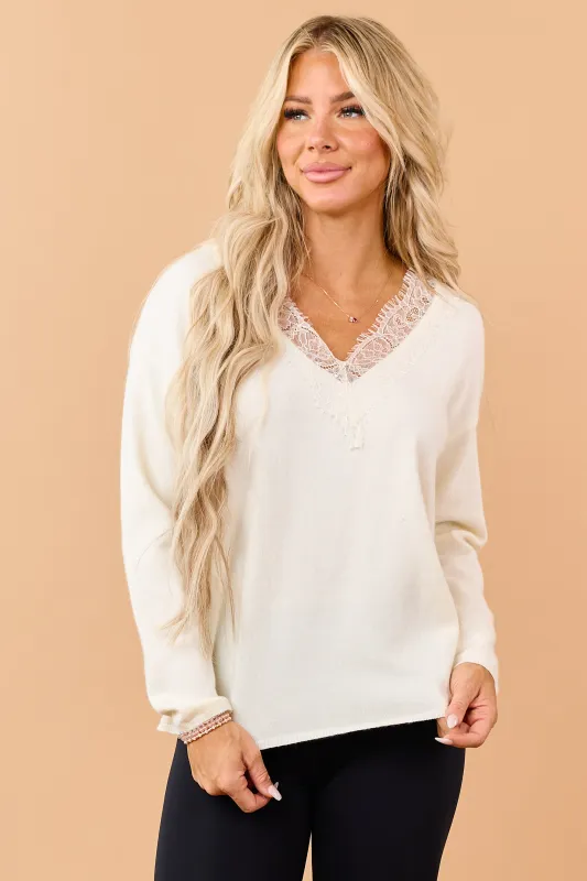 Cream Lace Trim V Neckline Relaxed Sweater made by HYFVE