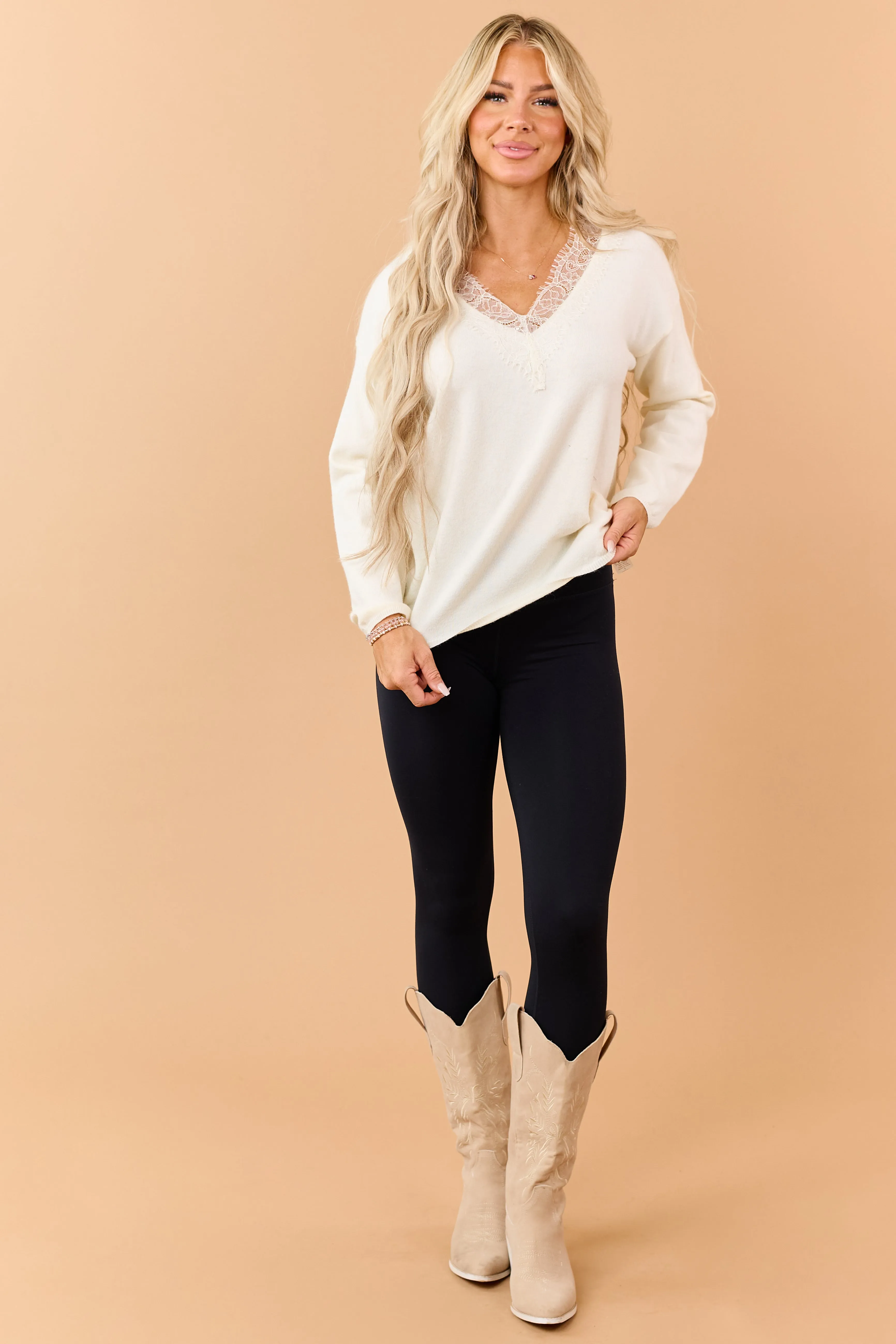 Cream Lace Trim V Neckline Relaxed Sweater sold by Lime Lush product image thumbnail 2