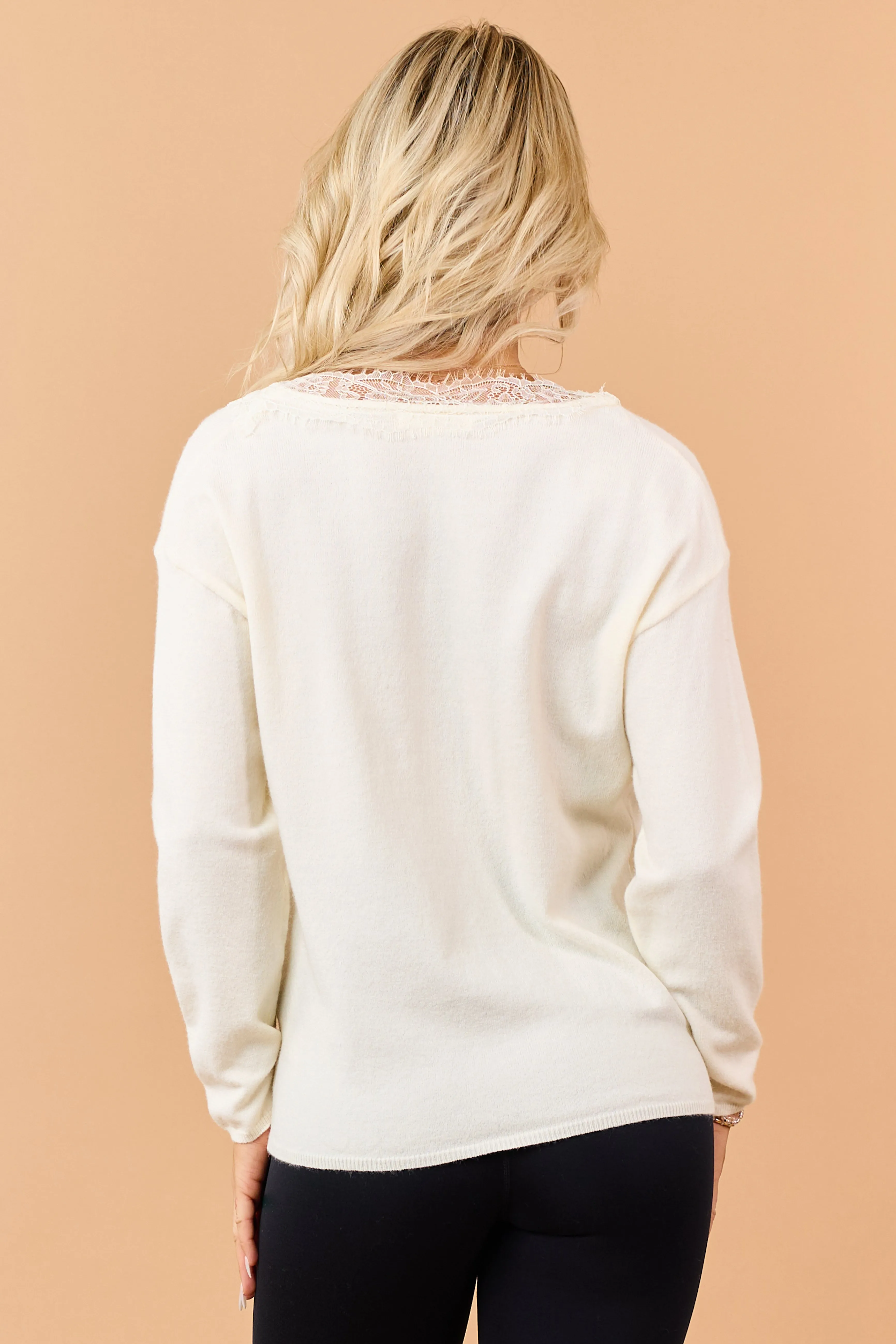 Cream Lace Trim V Neckline Relaxed Sweater sold by Lime Lush product image thumbnail 5
