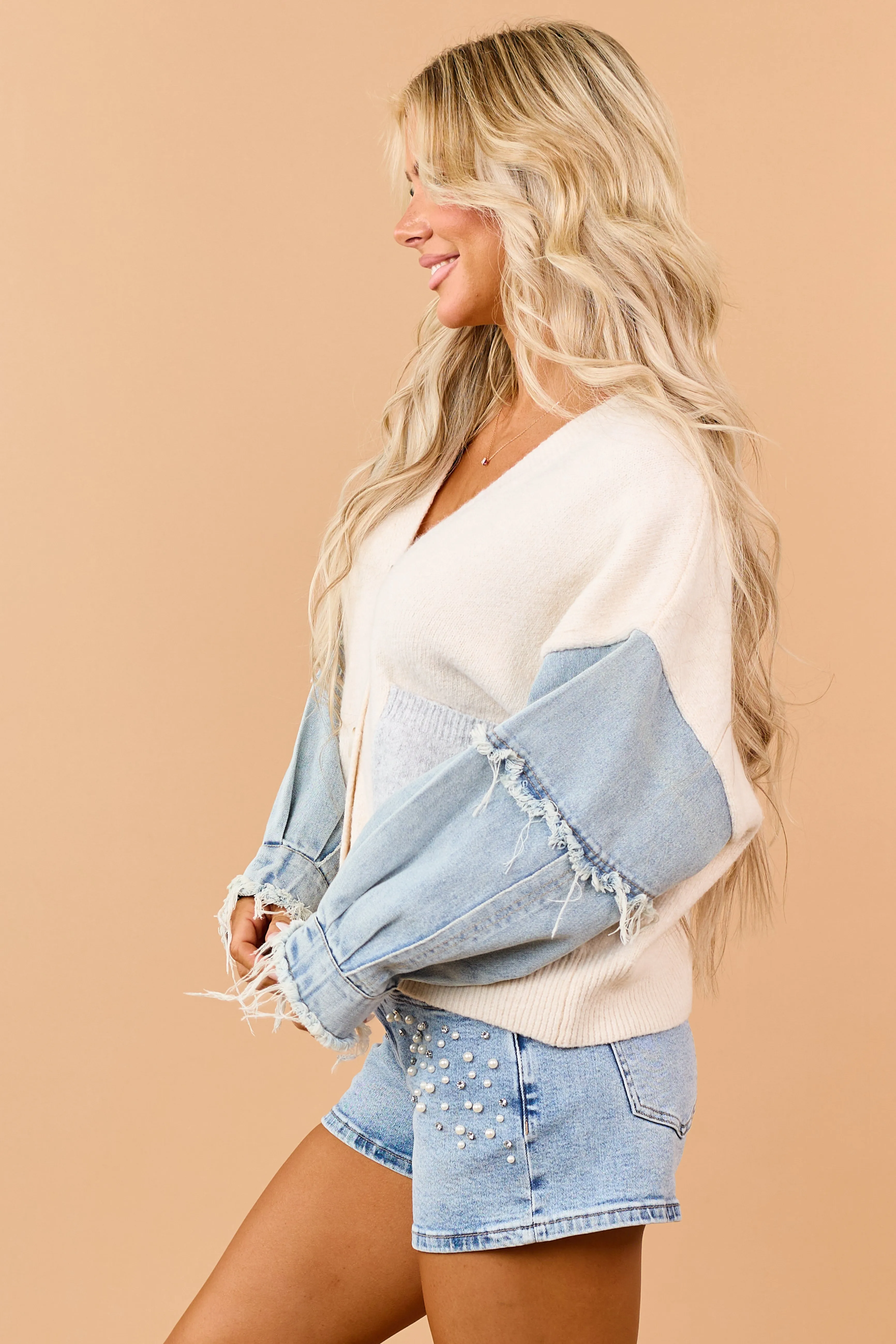 Cream Denim Sleeve Button Down Cardigan sold by Lime Lush product image thumbnail 5