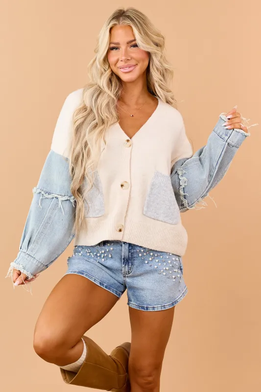 Cream Denim Sleeve Button Down Cardigan made by HYFVE