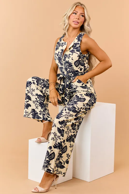 Cream and Navy Floral Print Waist Tie Jumpsuit made by Doe & Rae