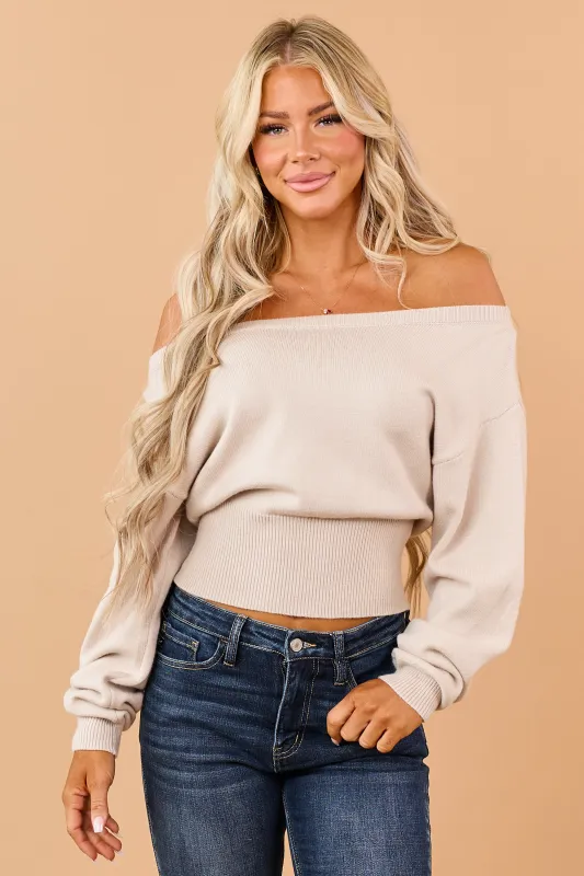 Almond Ribbed Trim Off Shoulder Soft Knit Sweater made by Blu Pepper