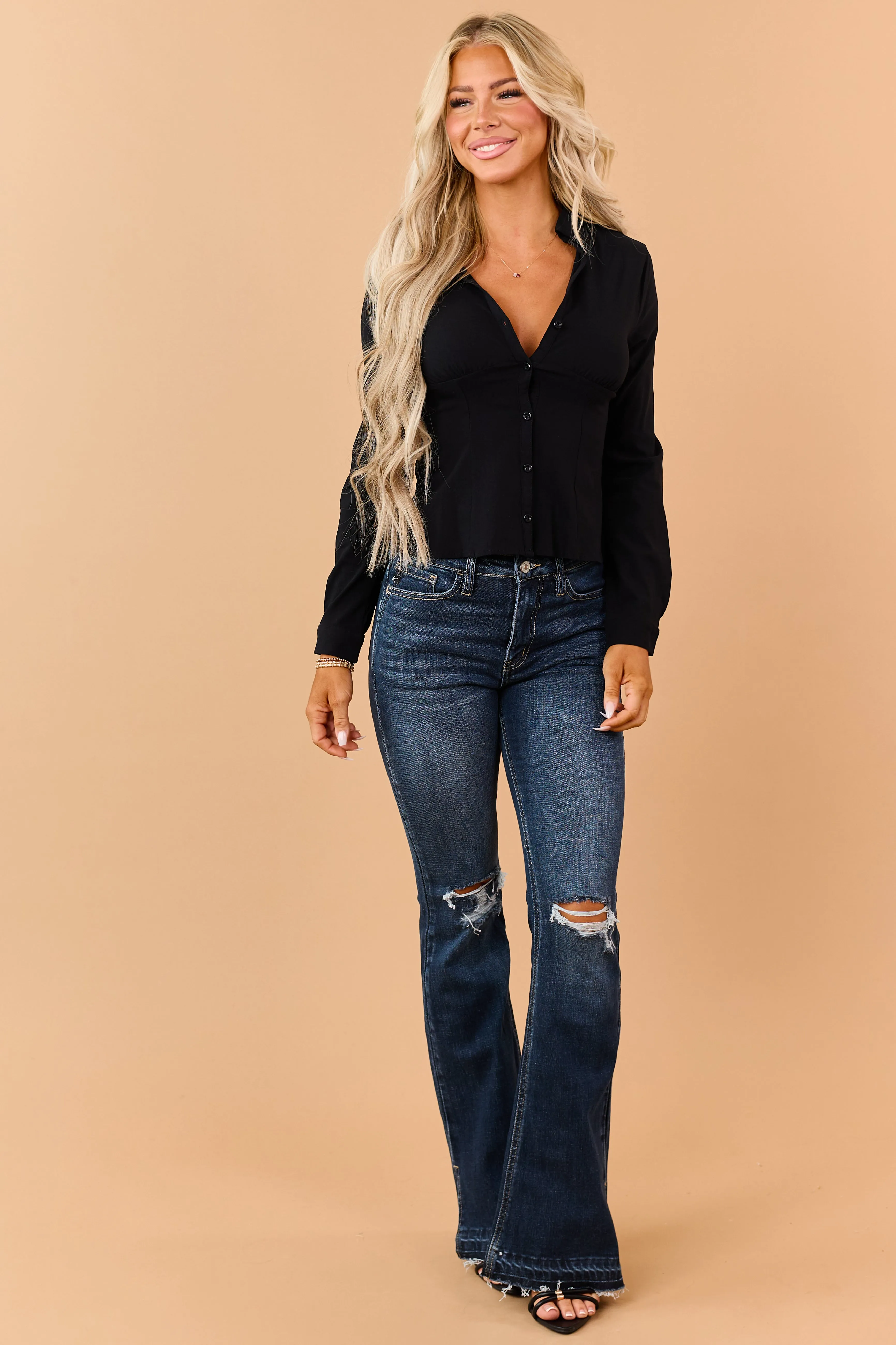 KanCan Dark Wash Distressed Stretchy Flare Jeans sold by Lime Lush product image thumbnail 2
