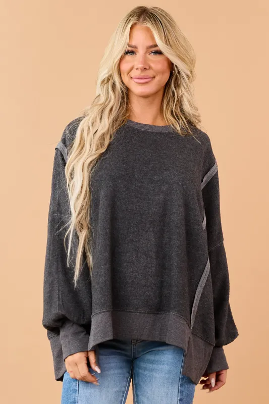 Charcoal Soft Brushed Knit Raw Seam Sweatshirt made by HYFVE