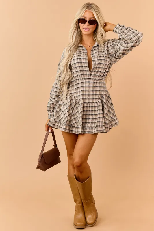 Black Plaid Button Down Basque Waist Mini Dress made by Blu Pepper