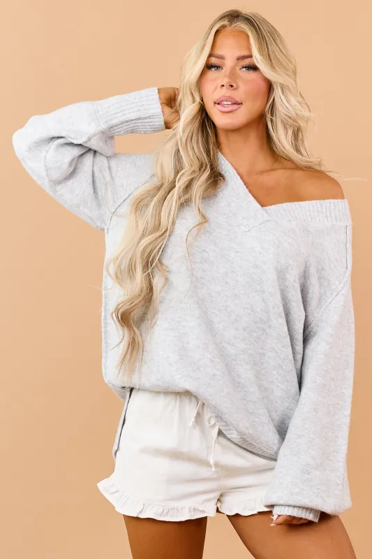 Heather Grey Knit Rib Trim V-Neck Relaxed Sweater made by Rae Mode