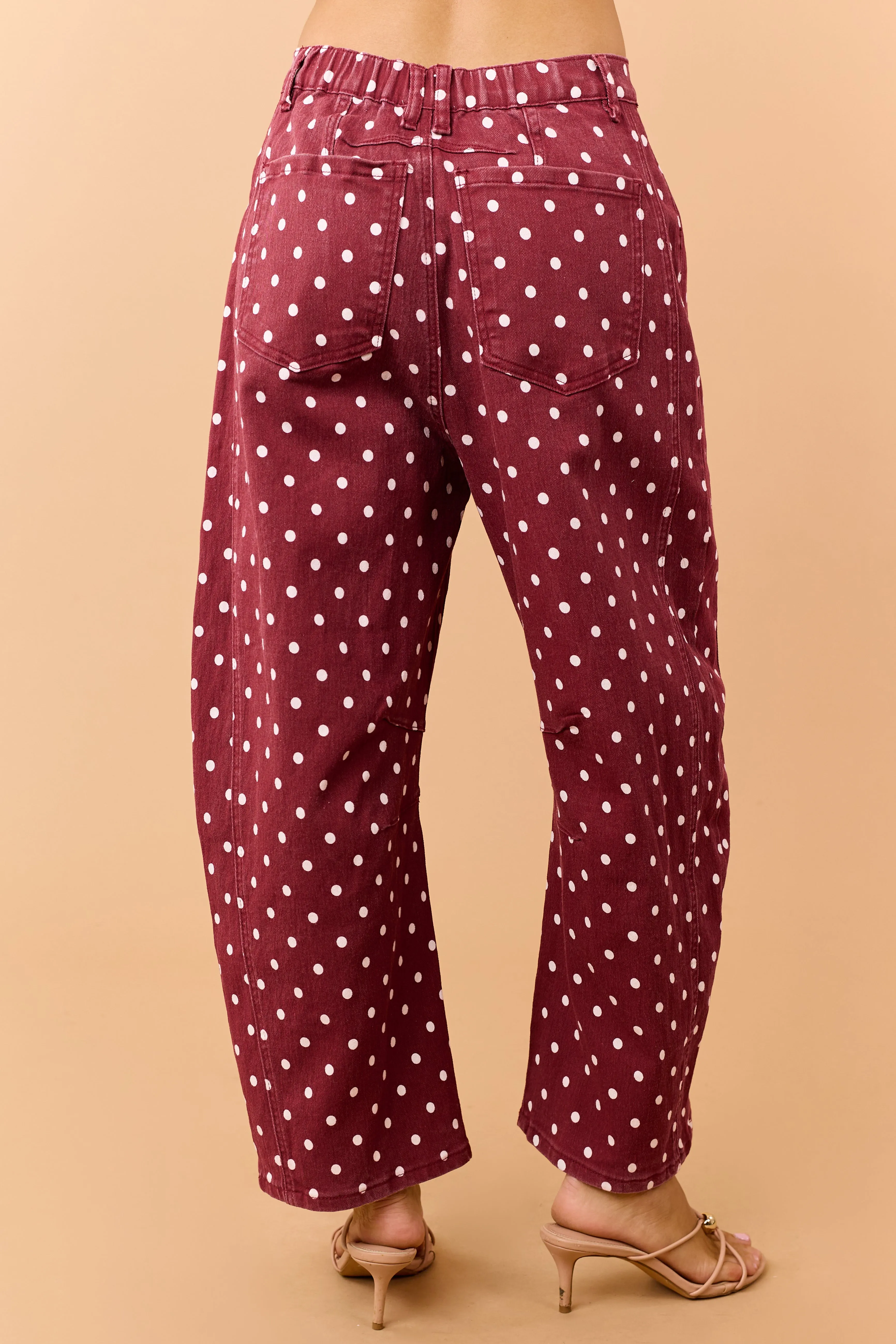 Maroon Polka Dot Stretchy Crop Barrel Jeans sold by Lime Lush product image thumbnail 4