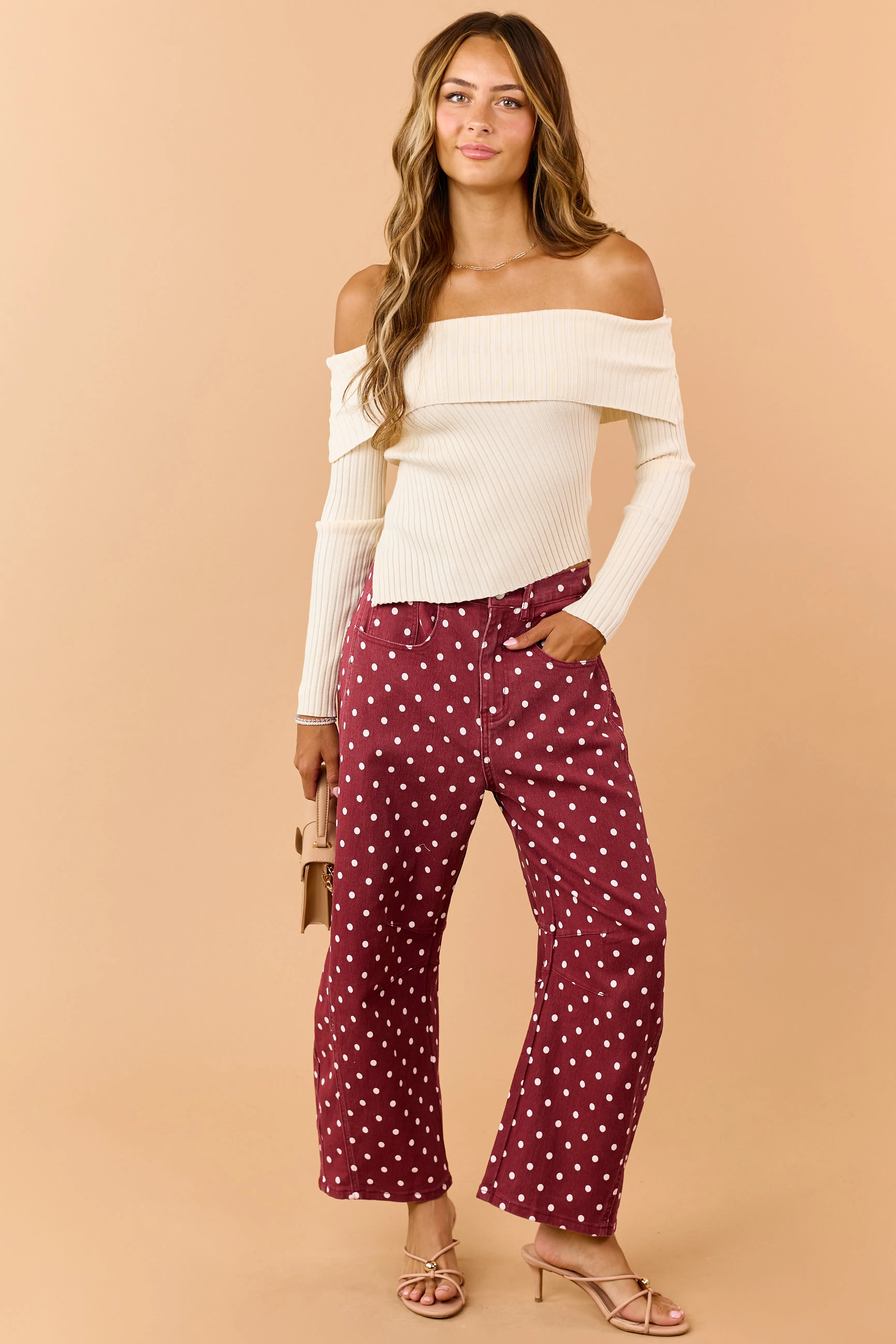Maroon Polka Dot Stretchy Crop Barrel Jeans sold by Lime Lush product image thumbnail 2