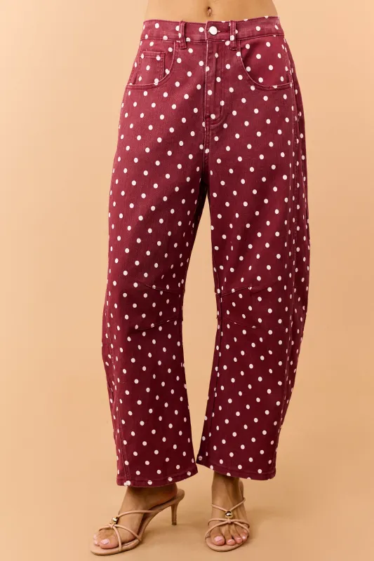Maroon Polka Dot Stretchy Crop Barrel Jeans made by Davi & Dani