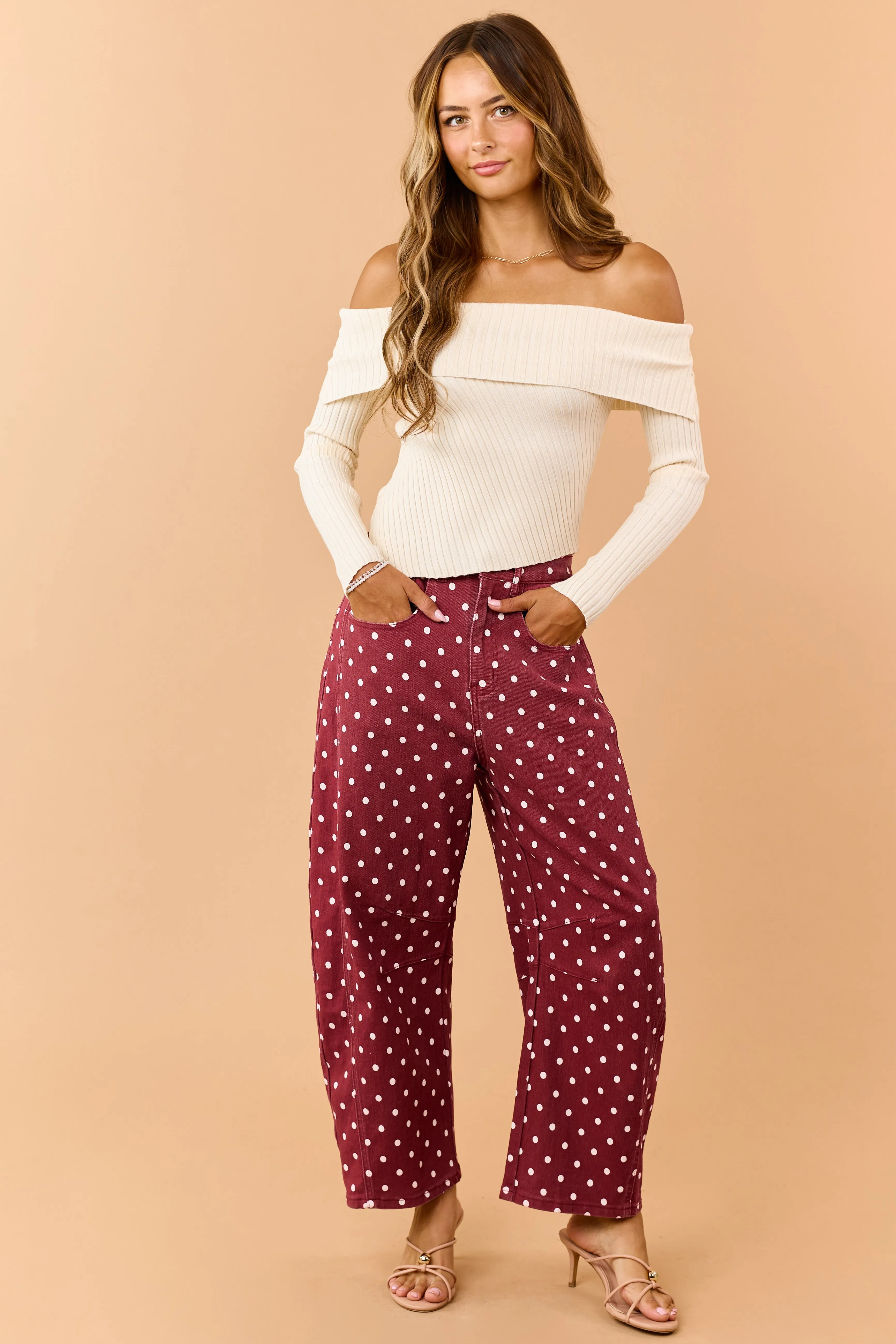 Maroon Polka Dot Stretchy Crop Barrel Jeans sold by Lime Lush product image thumbnail 5