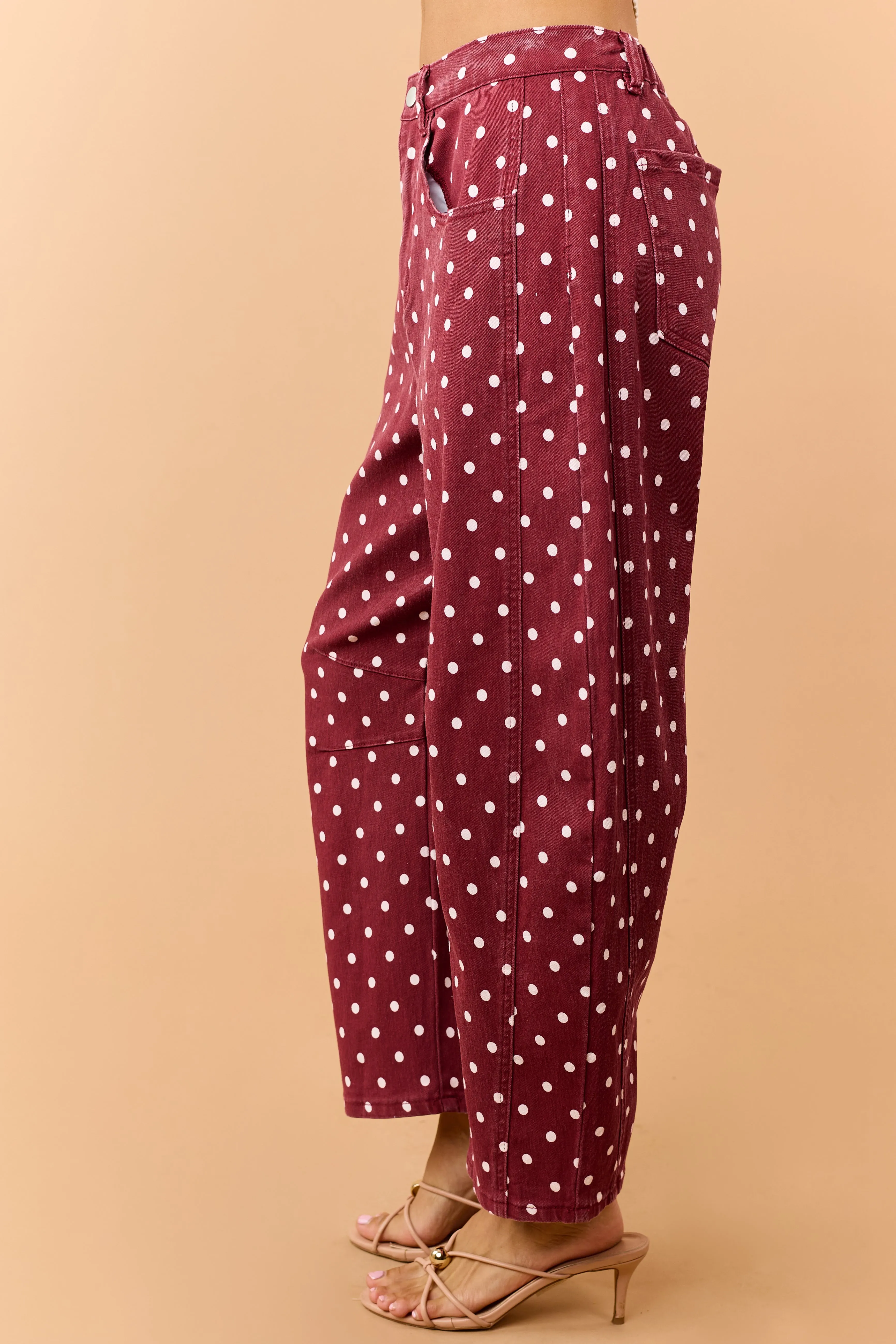 Maroon Polka Dot Stretchy Crop Barrel Jeans sold by Lime Lush product image thumbnail 3