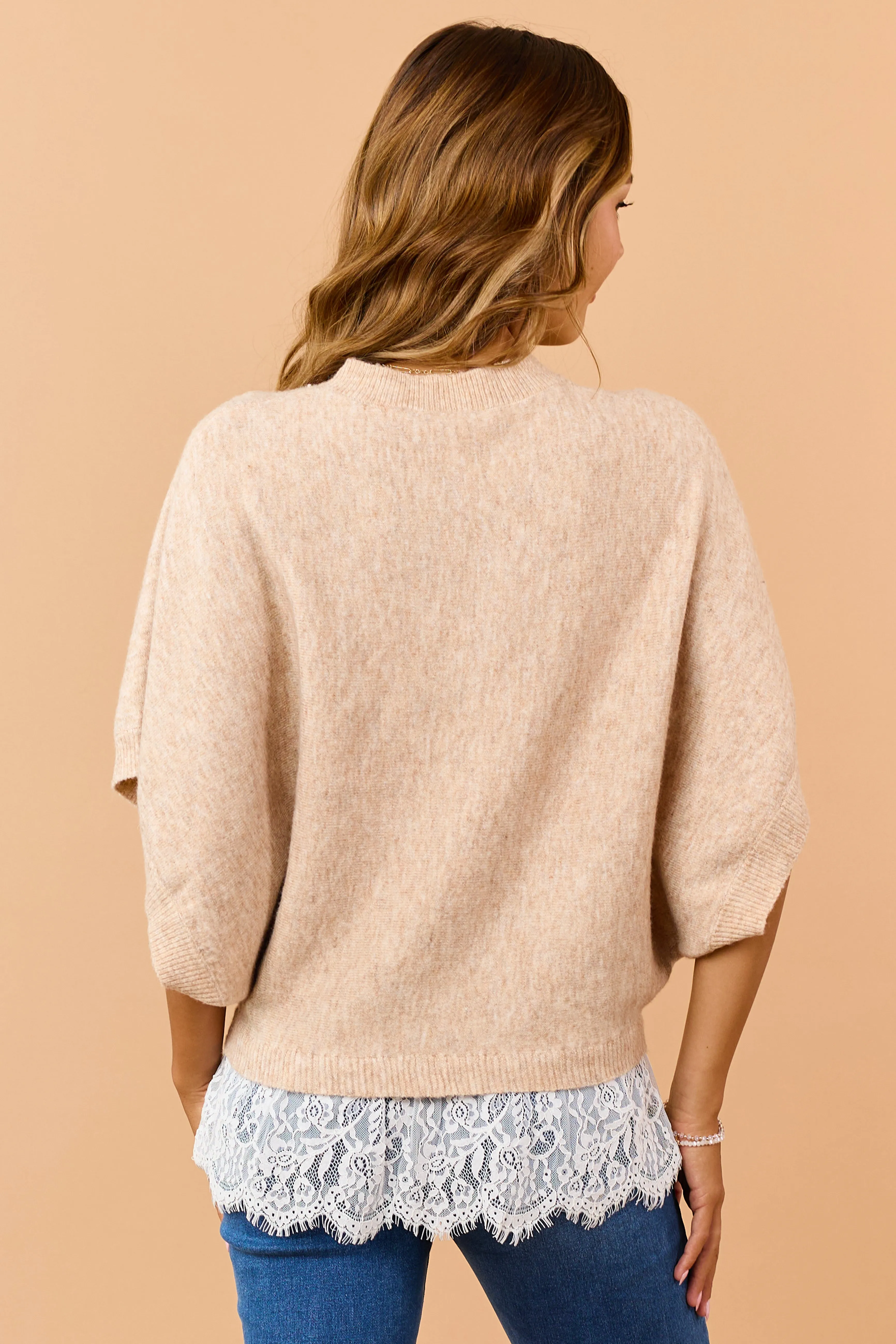 Camel Rib Knit Dolman Sleeve Lace Hem Sweater sold by Lime Lush product image thumbnail 5