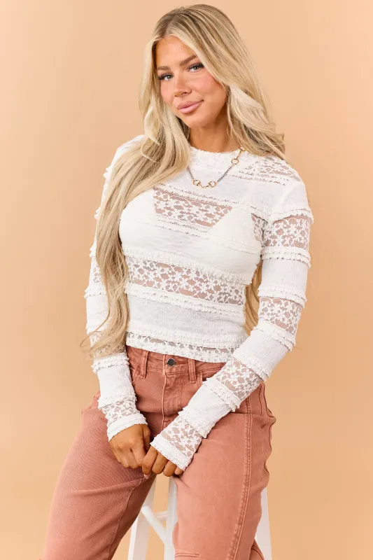 Cream Sheer Floral Lace Panel Long Sleeve Top made by HYFVE