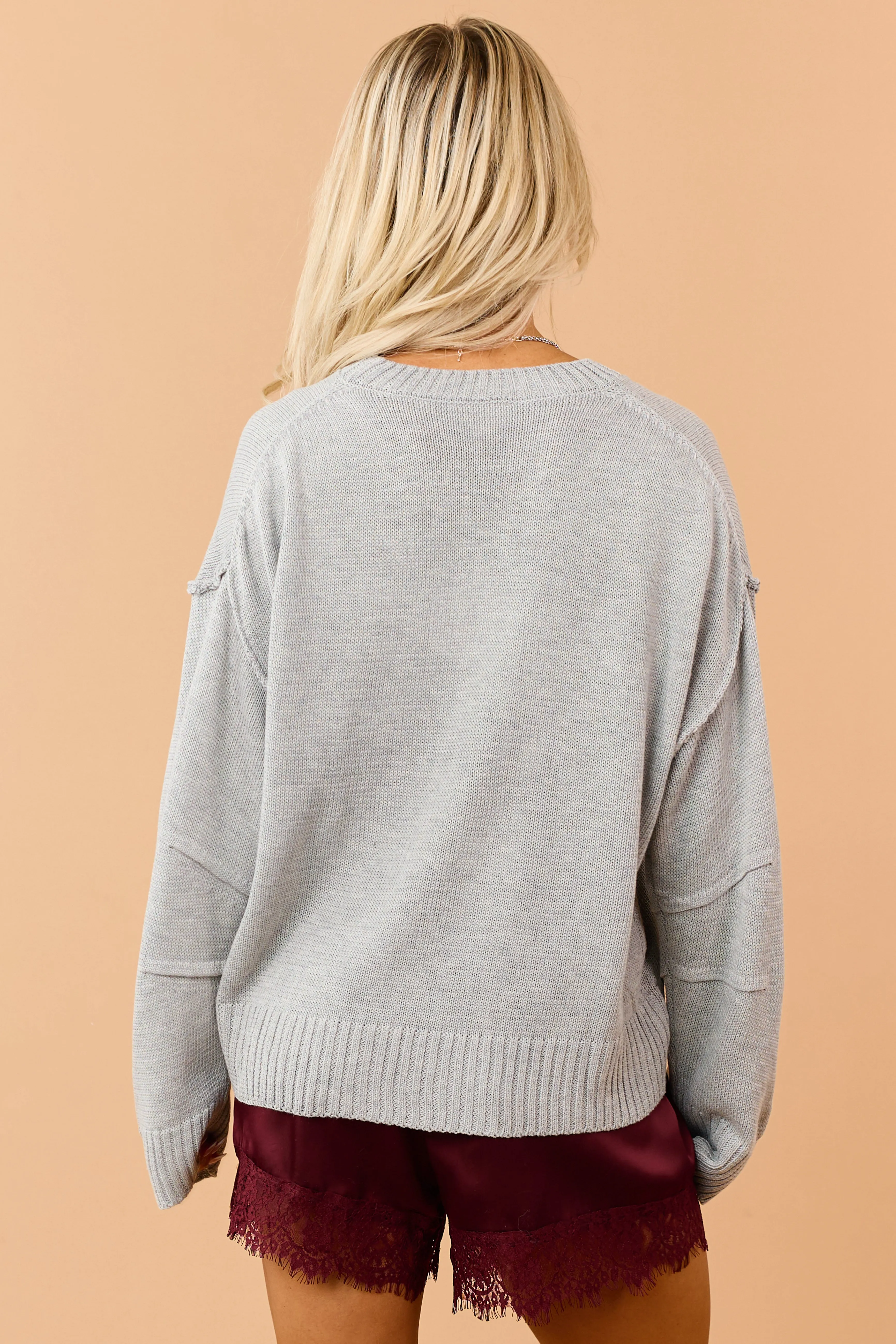 Heather Grey Rib Knit Exposed Seam Long Sleeve Sweater sold by Lime Lush product image thumbnail 5