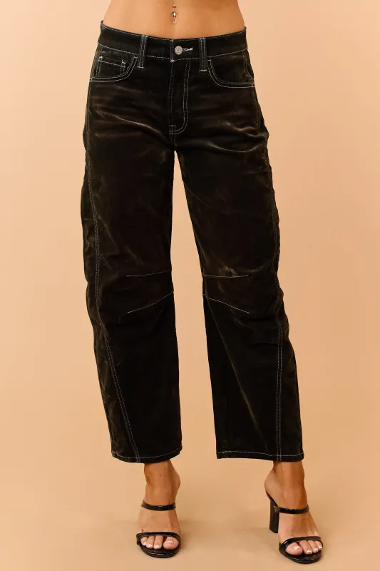 Vervet Dark Forest Green Crop Velvet Barrel Jeans made by Vervet