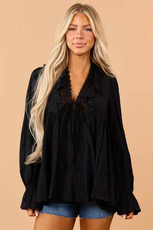 Black Ruffle Lace V-Neck Long Sleeve Blouse made by HYFVE