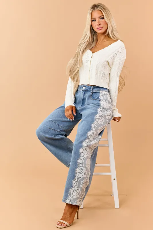 Medium Wash Side Lace Relaxed Barrel Jeans made by Lena