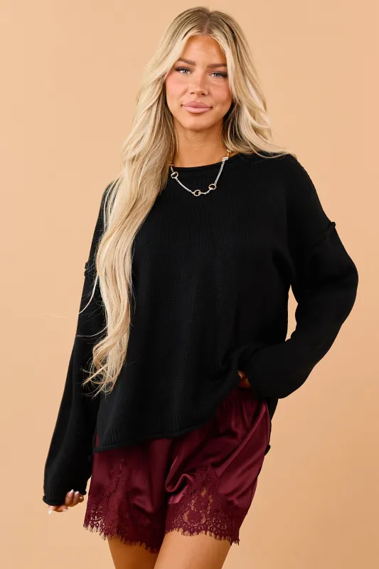 Black Rib Knit Crew Neck Rolled Trim Sweater made by HYFVE