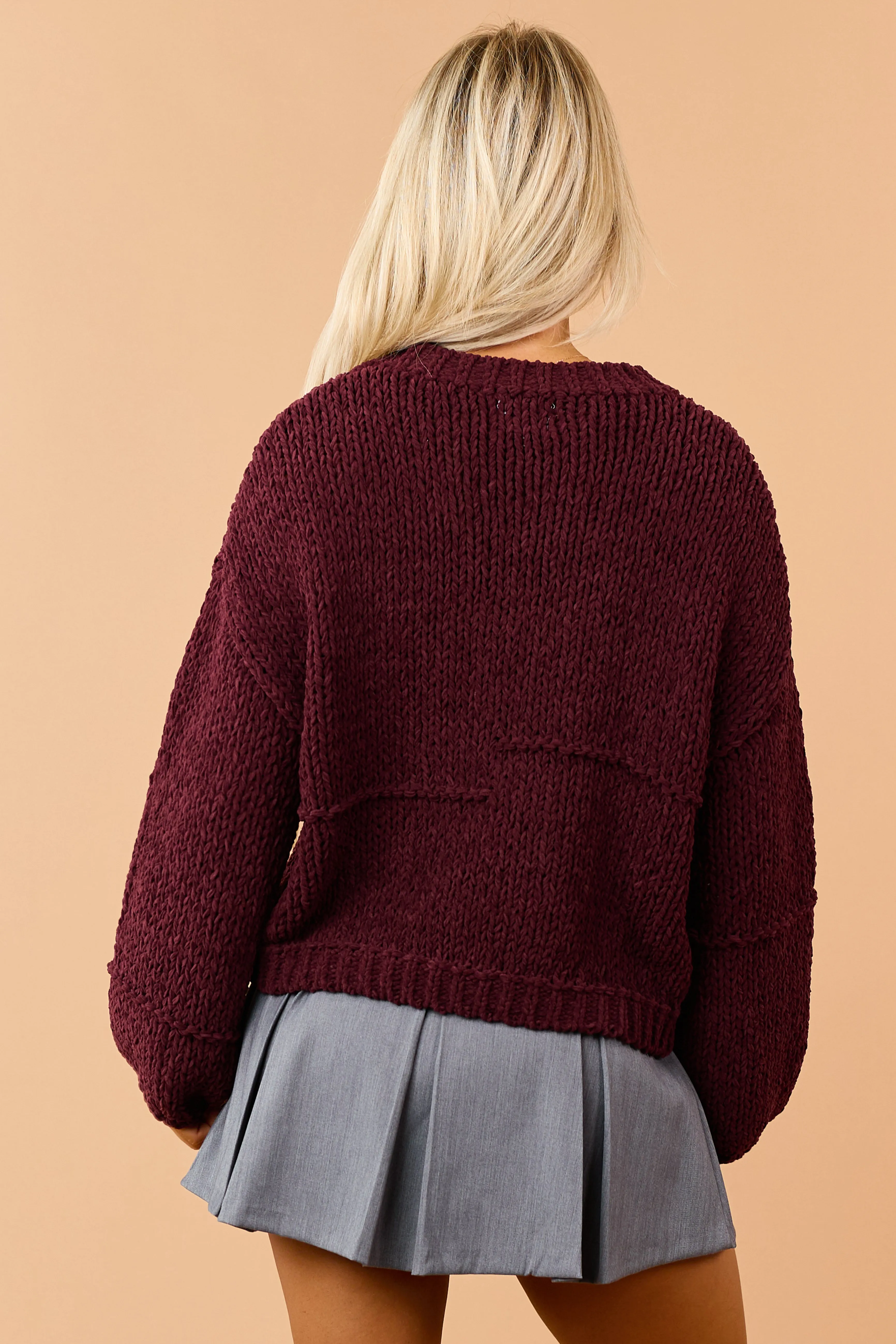 Maroon Chenille Open Knit Bubble Sleeve Sweater sold by Lime Lush product image thumbnail 5