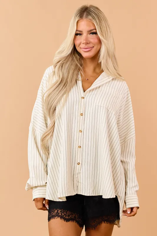 Cream Striped Button Up Long Sleeve Relaxed Shirt made by HYFVE