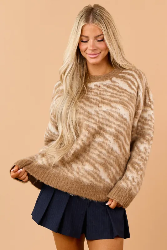 Latte Zebra Pattern Brushed Knit Relaxed Sweater made by Bailey Rose