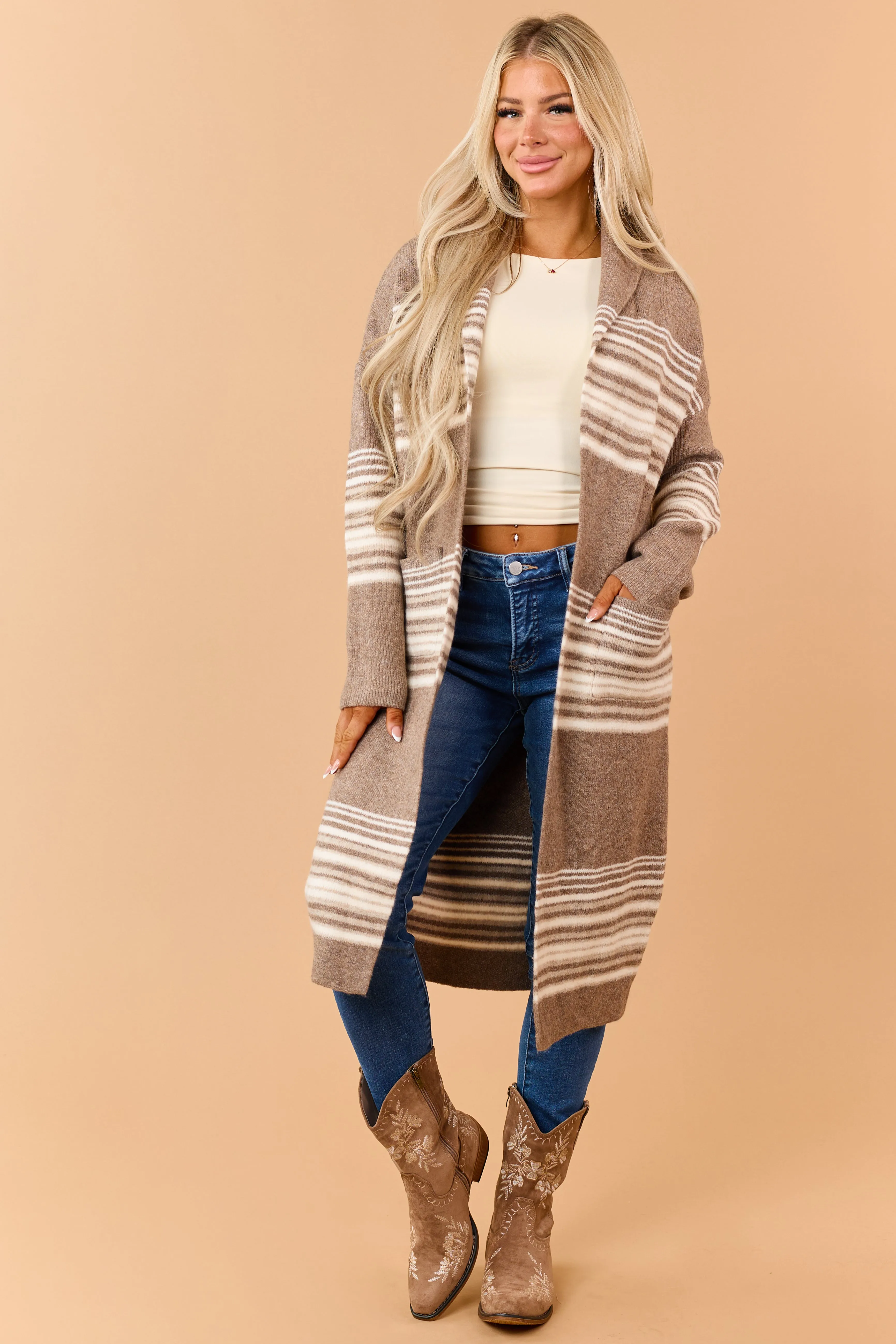 Mocha Brown Striped Open Front Duster Cardigan sold by Lime Lush product image thumbnail 2