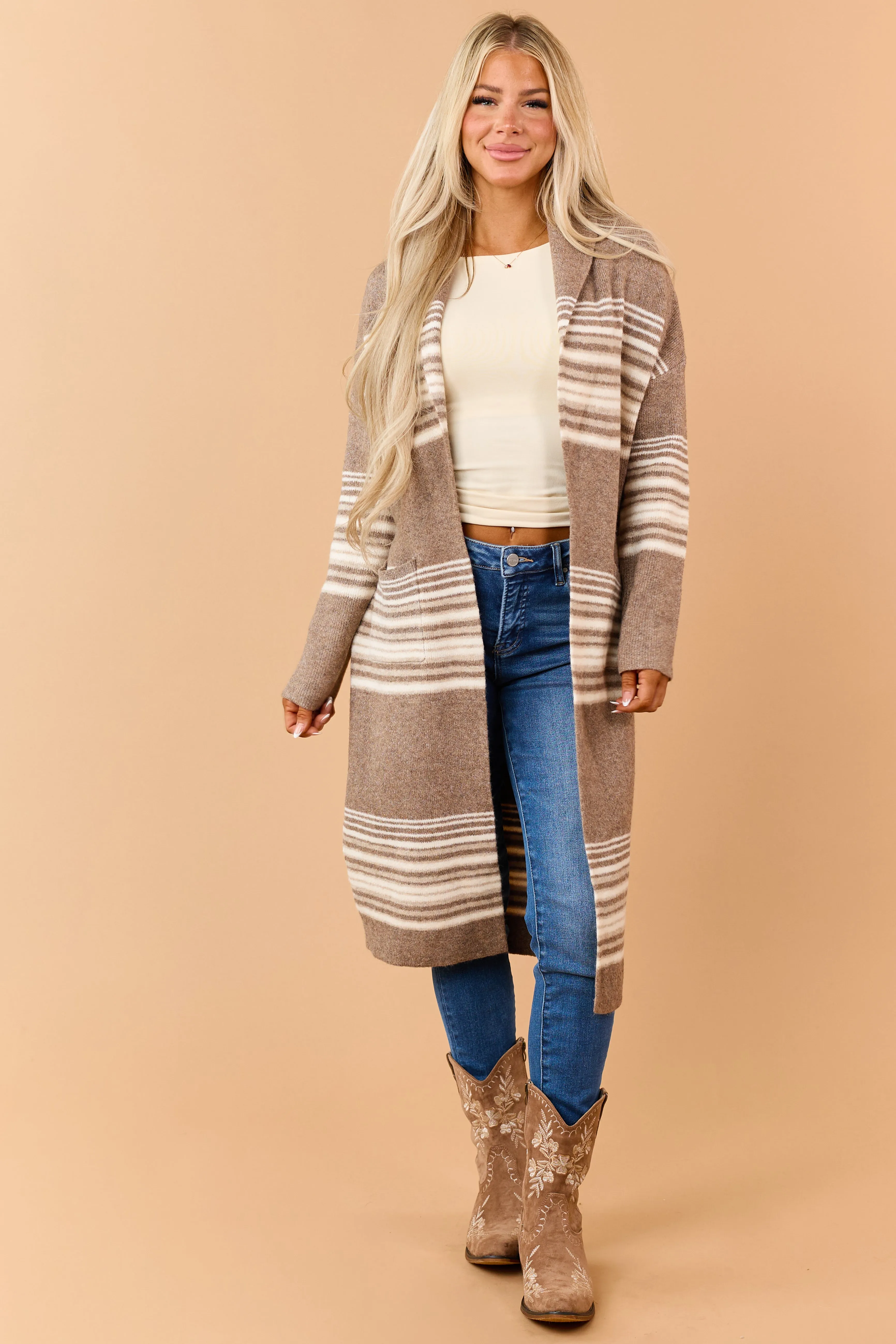 Mocha Brown Striped Open Front Duster Cardigan sold by Lime Lush product image thumbnail 3