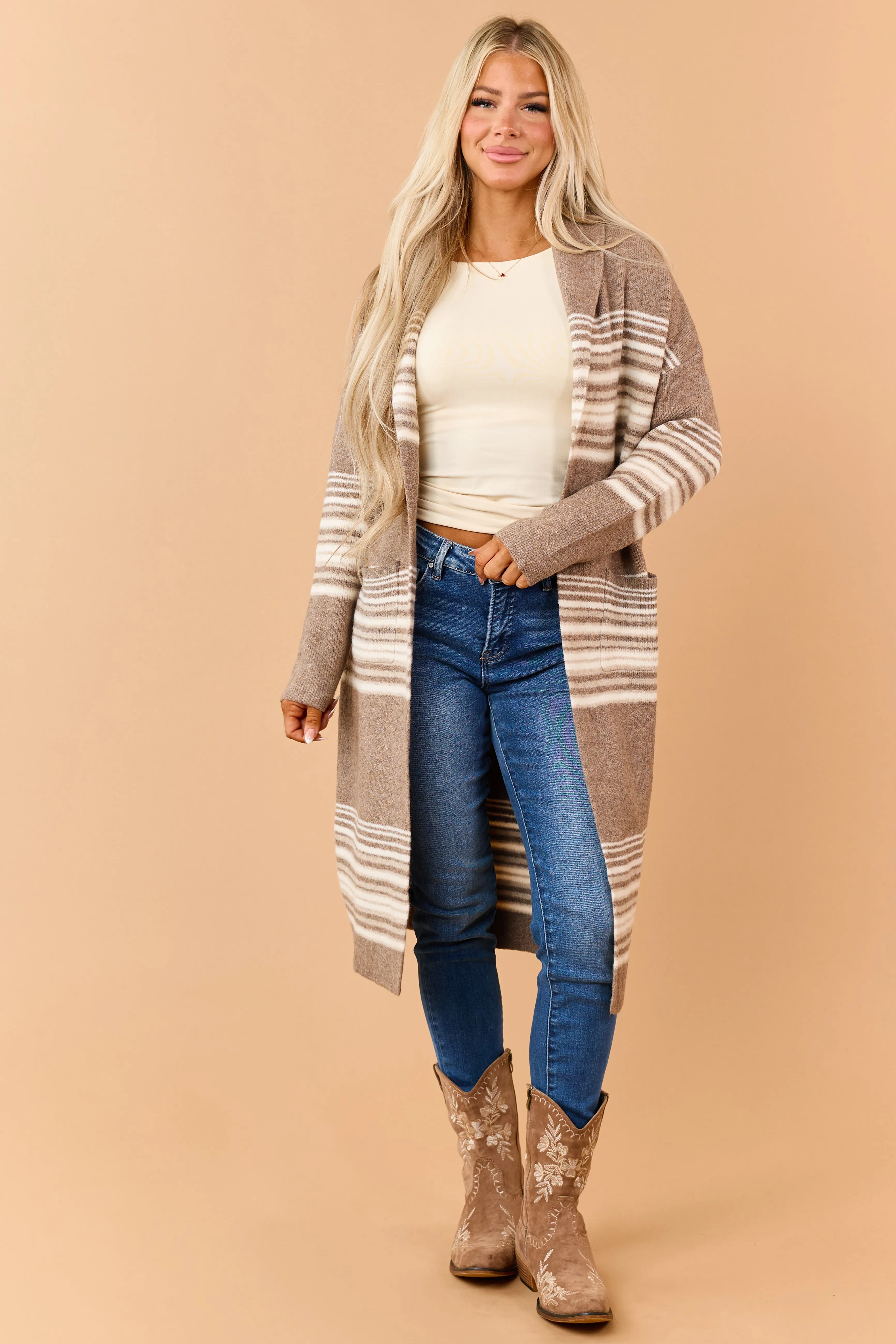 Mocha Brown Striped Open Front Duster Cardigan sold by Lime Lush product image thumbnail 4