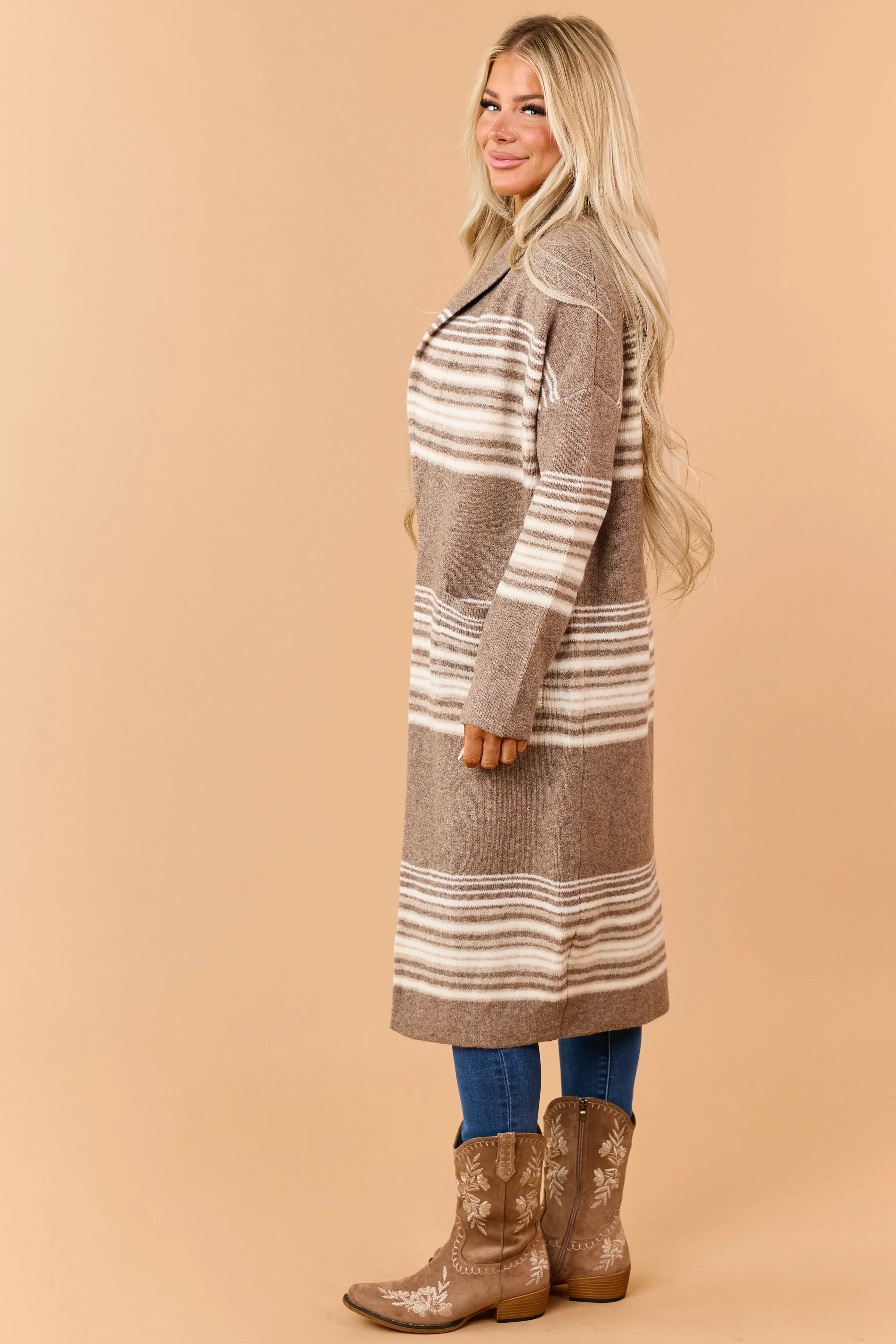 Mocha Brown Striped Open Front Duster Cardigan sold by Lime Lush product image thumbnail 5